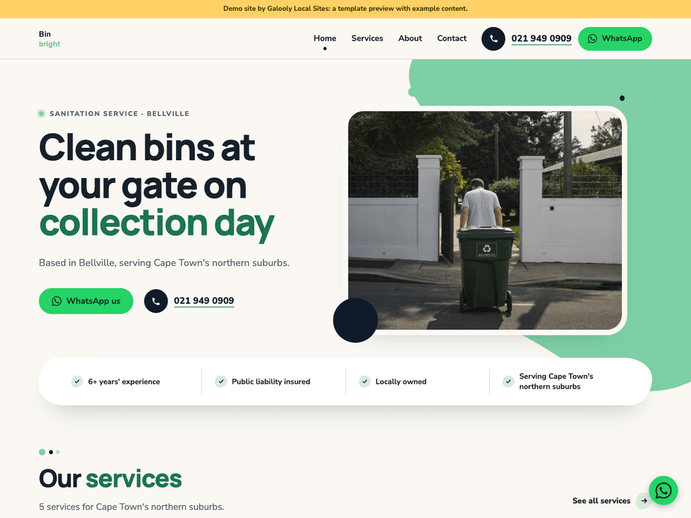 Bin cleaning demo site on the Harbour template