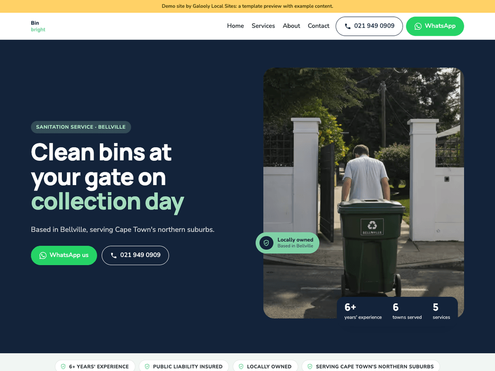 Bin cleaning demo site on the Harbour template