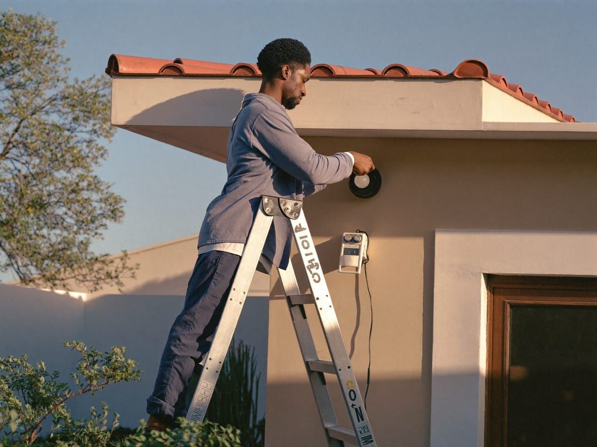 Electrician fitting an outdoor light on a ladder