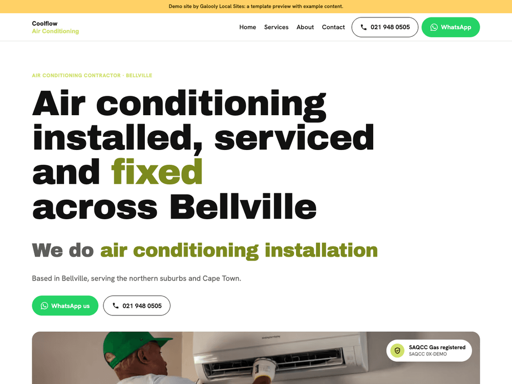 Air conditioning demo site on the Concept template