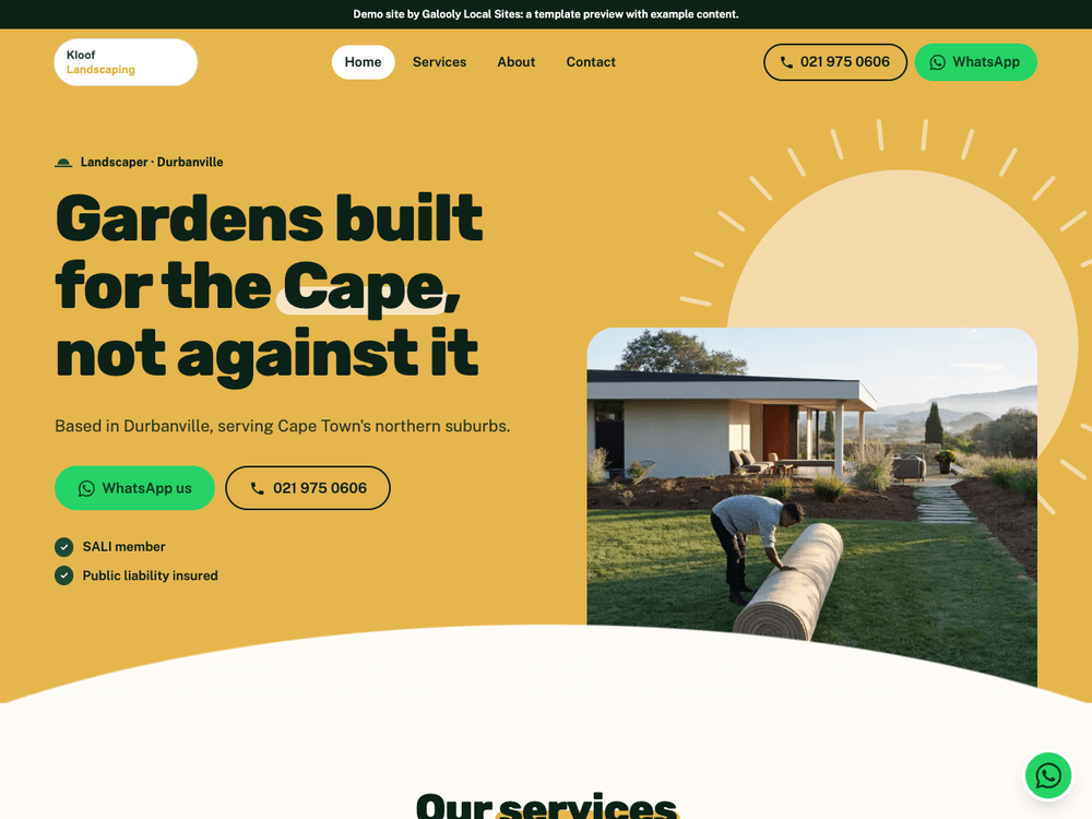 Landscaping demo site on the Meadow template