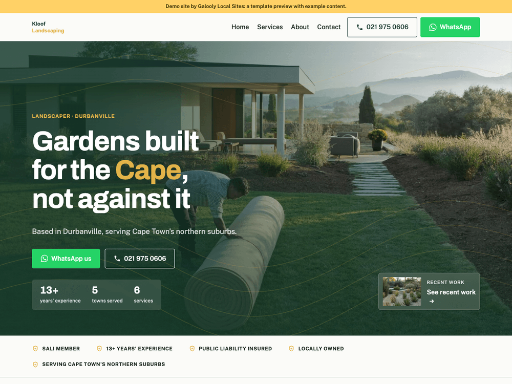 Landscaping demo site on the Meadow template