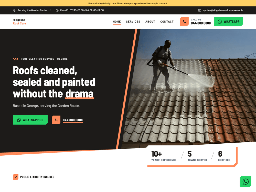 Roof cleaning demo site on the Ember template