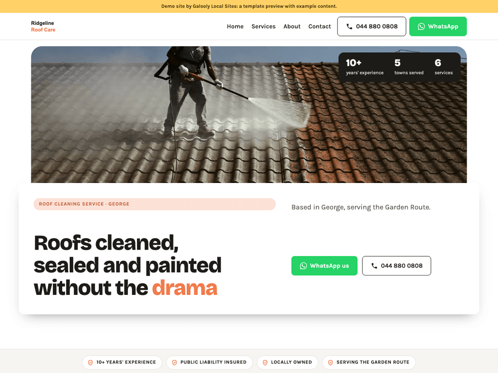 Roof cleaning demo site on the Ember template