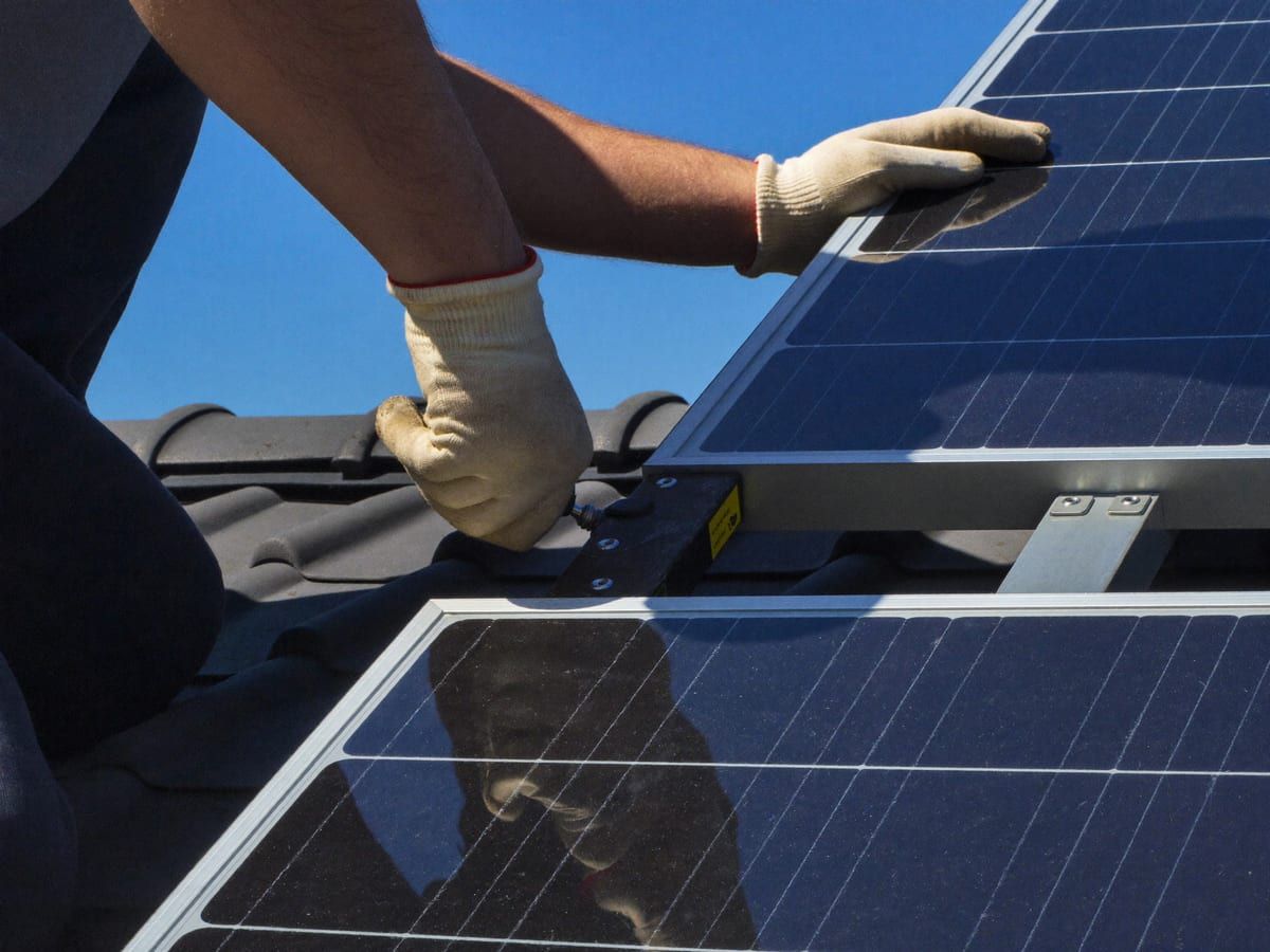 Solar installers fitting panels on a tiled roof