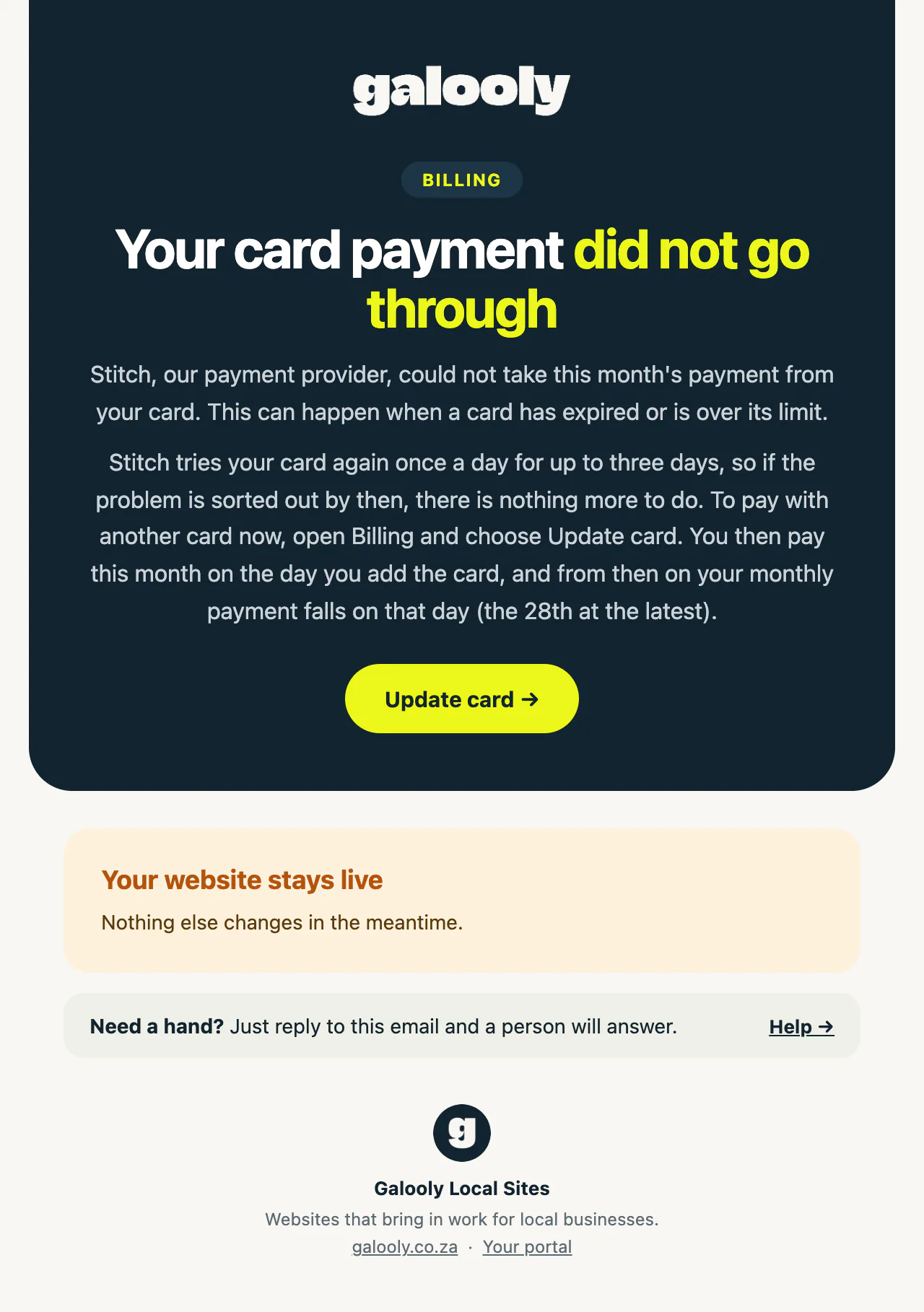 The email saying a card payment did not go through