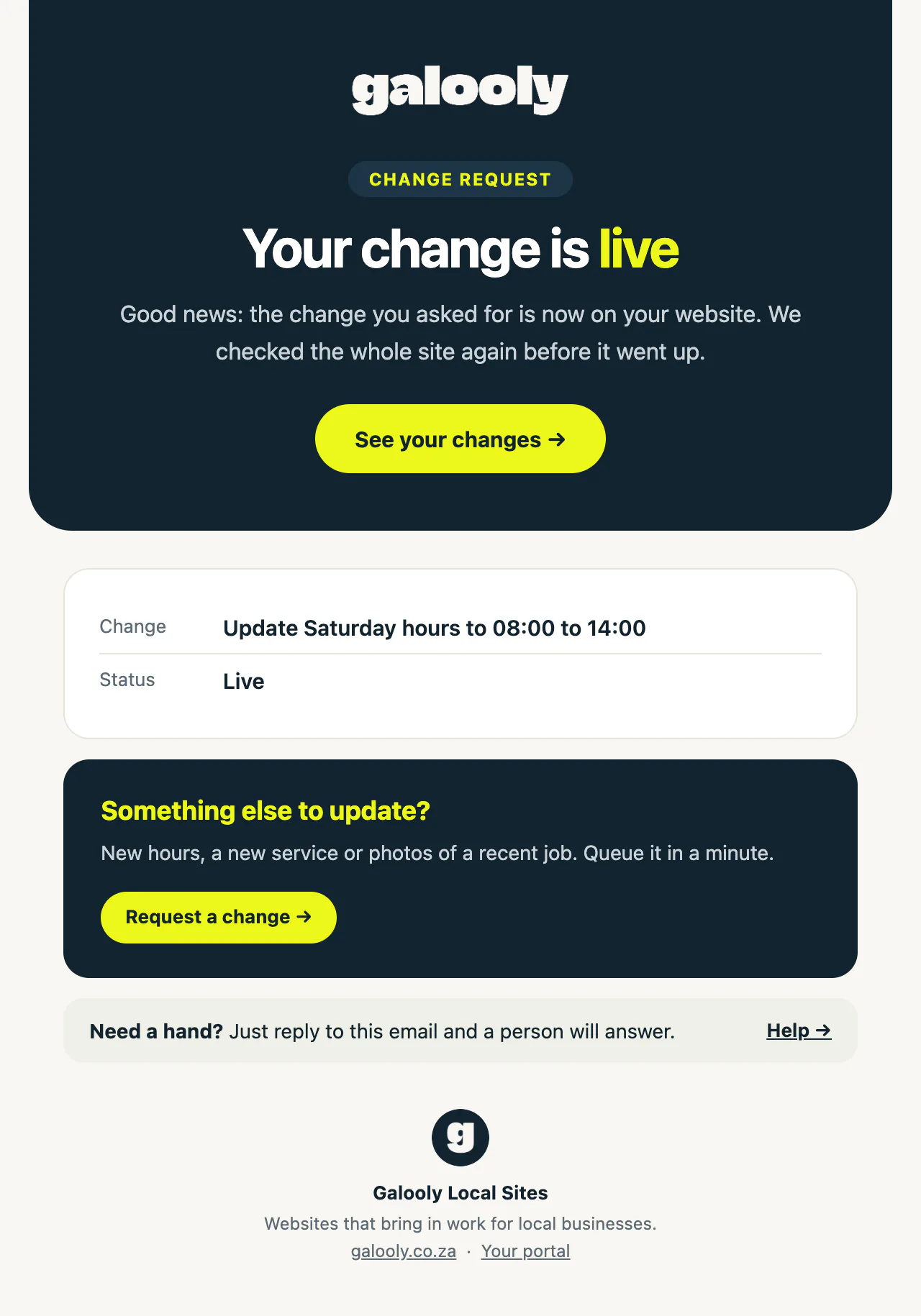 The email saying a website change is live