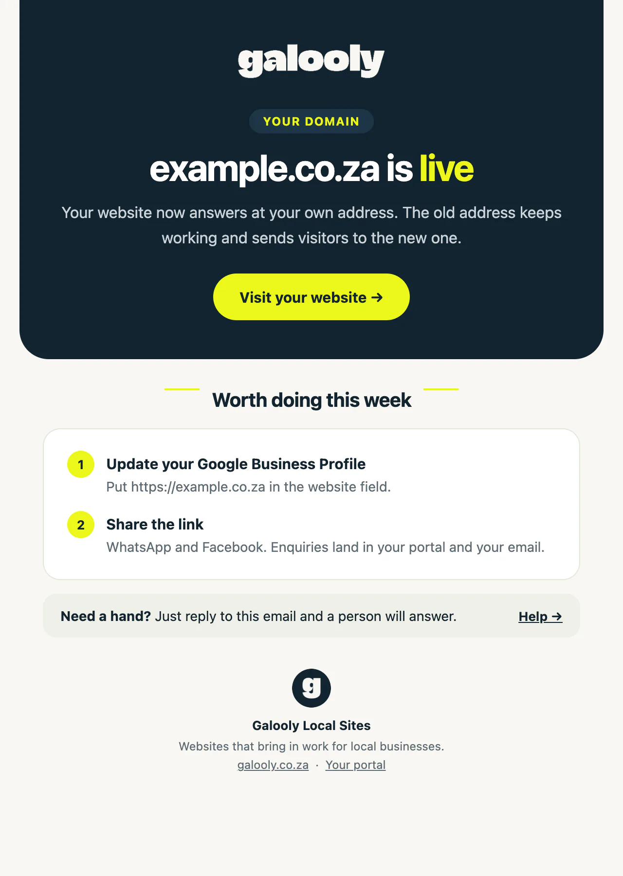 The email saying the domain is live