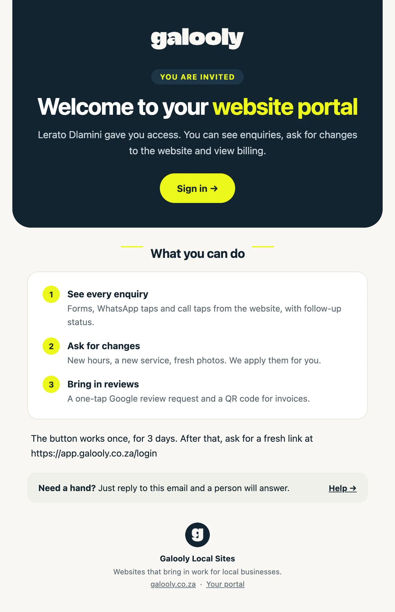 The invitation email with a button to sign in to the portal