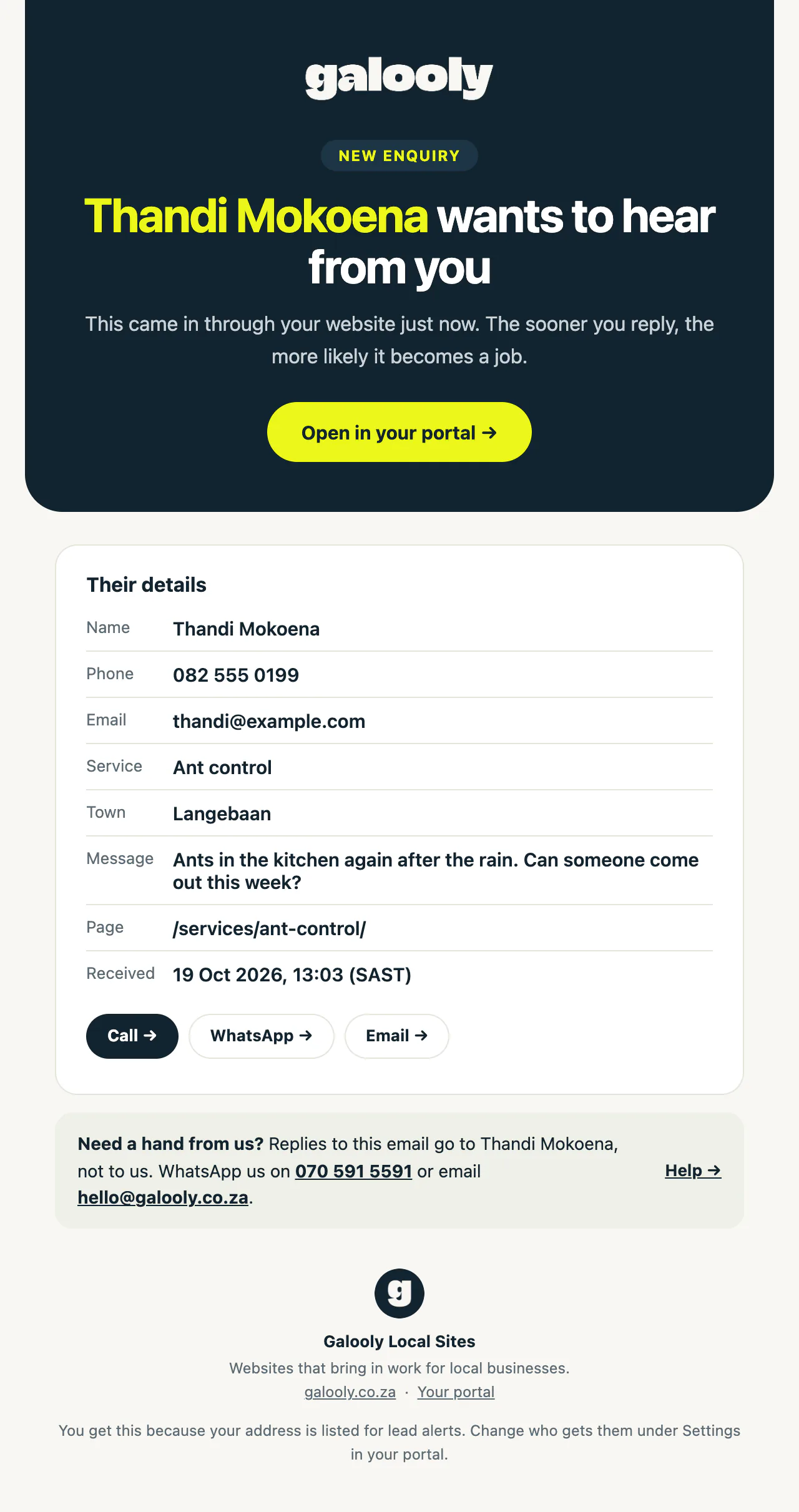 A new website enquiry email with the customer's name, phone, service and message
