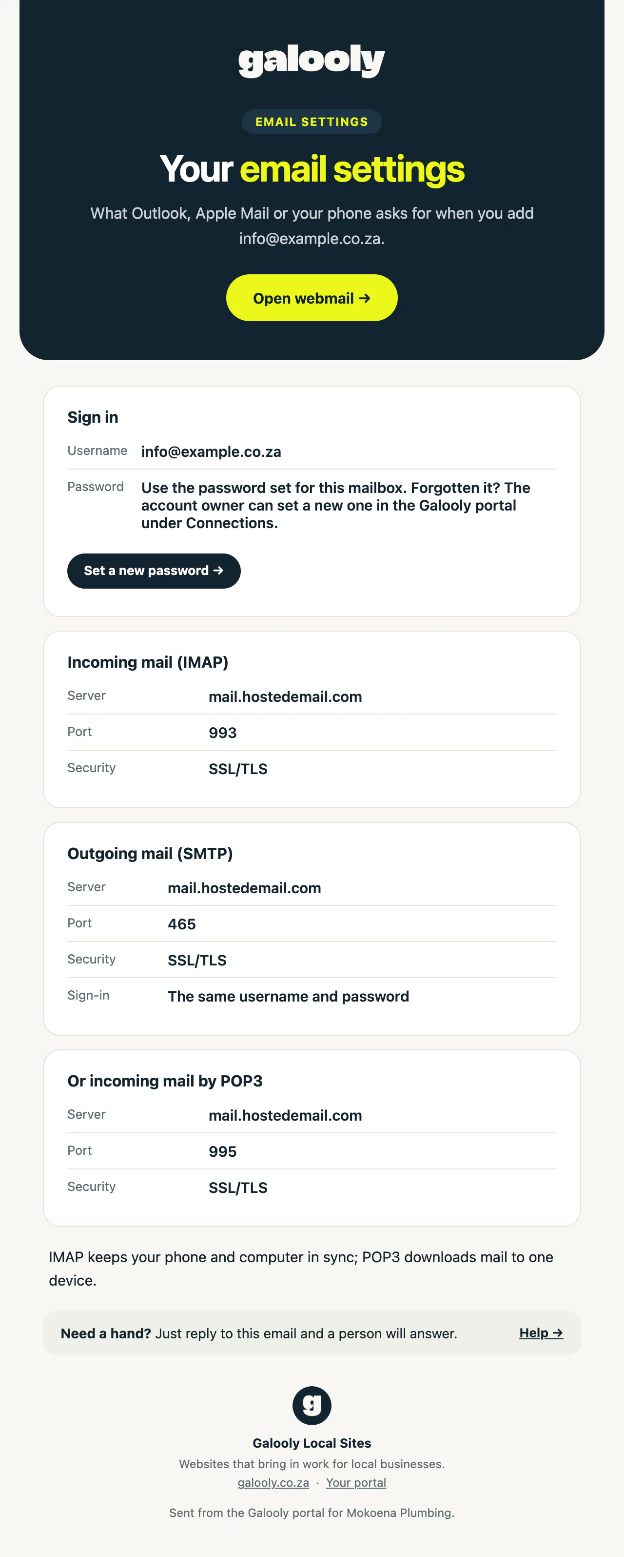 The mailbox settings email with the username and the incoming and outgoing servers