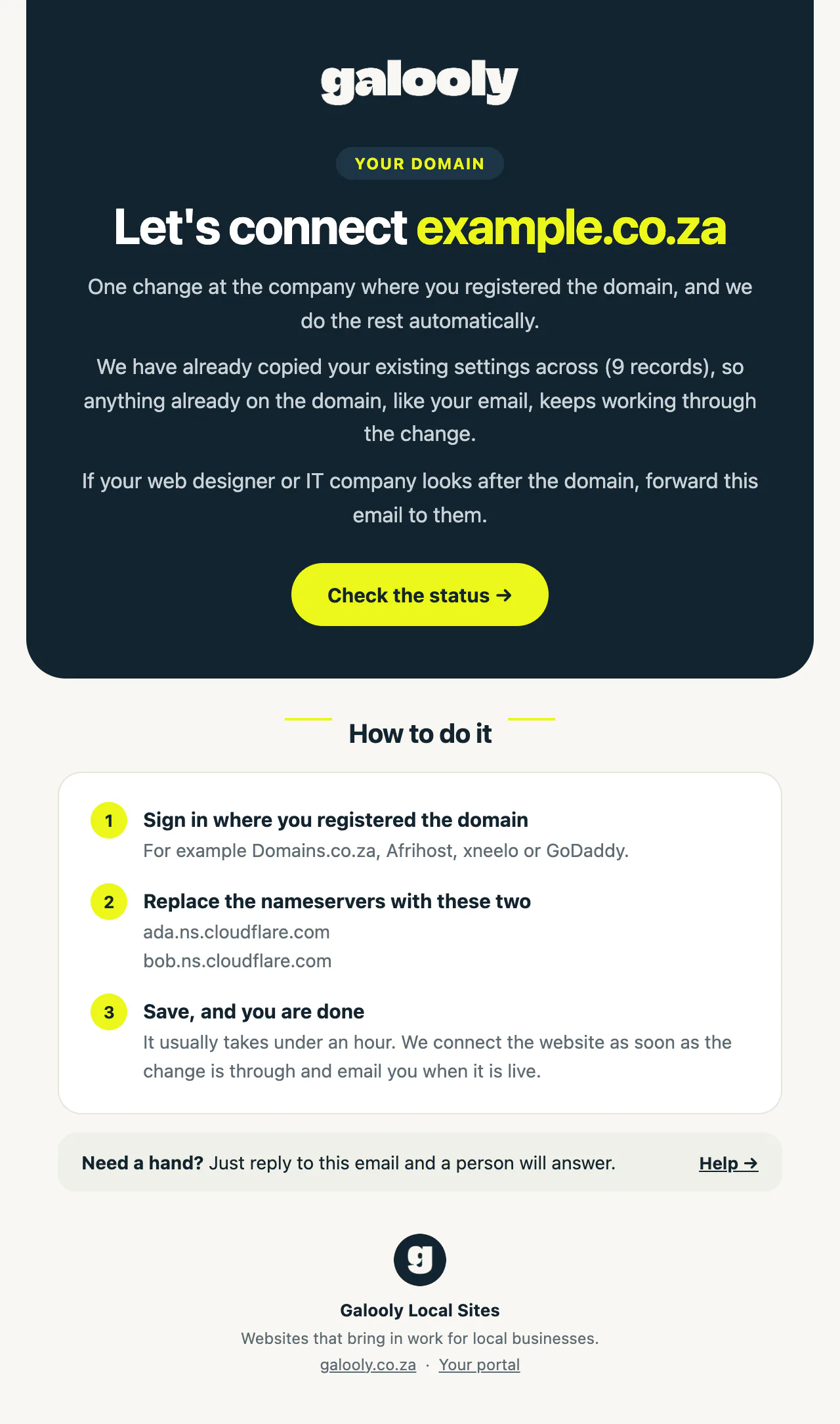 The Connecting your domain email with the steps and the two nameservers