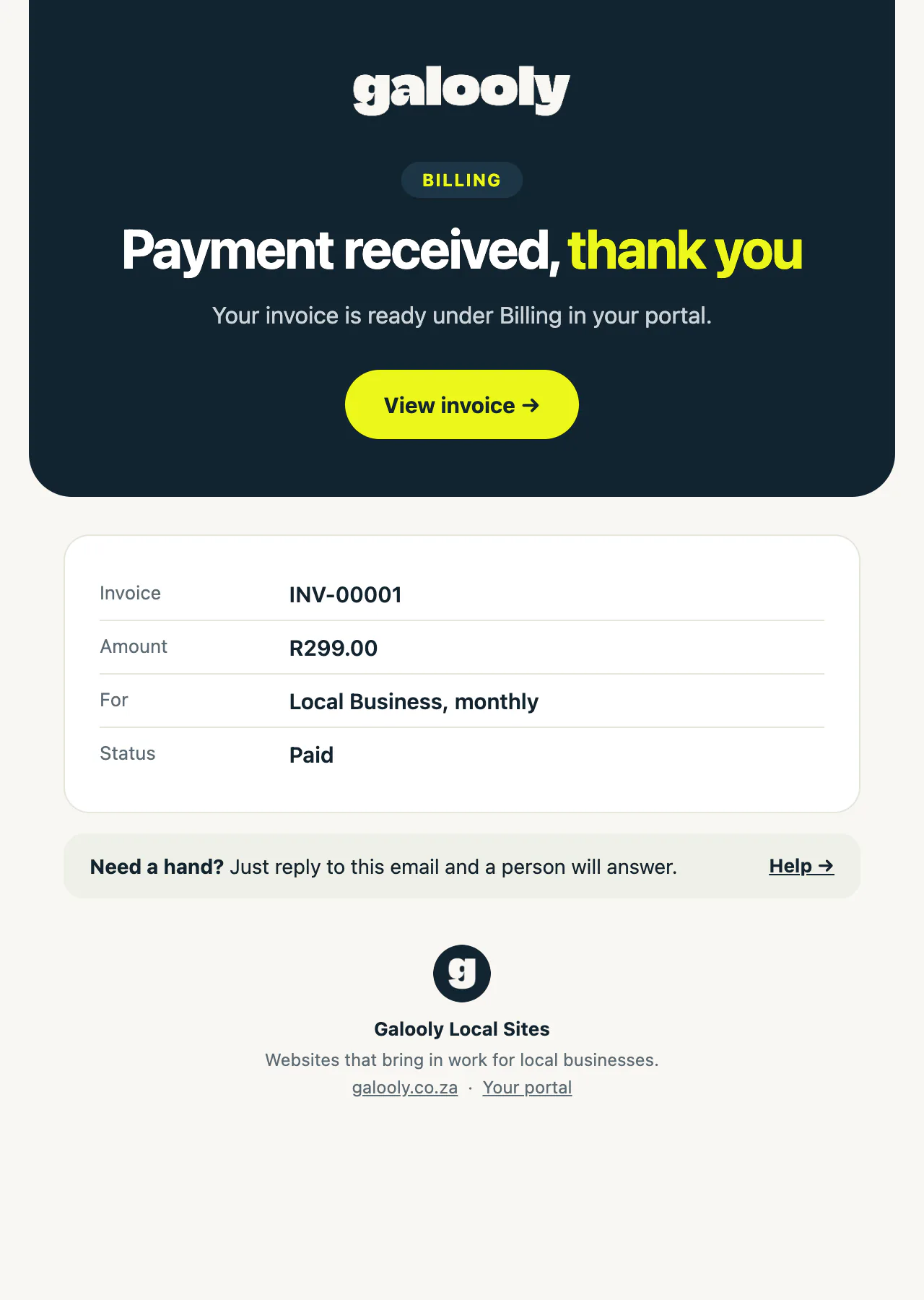 The payment received email with the amount and invoice number