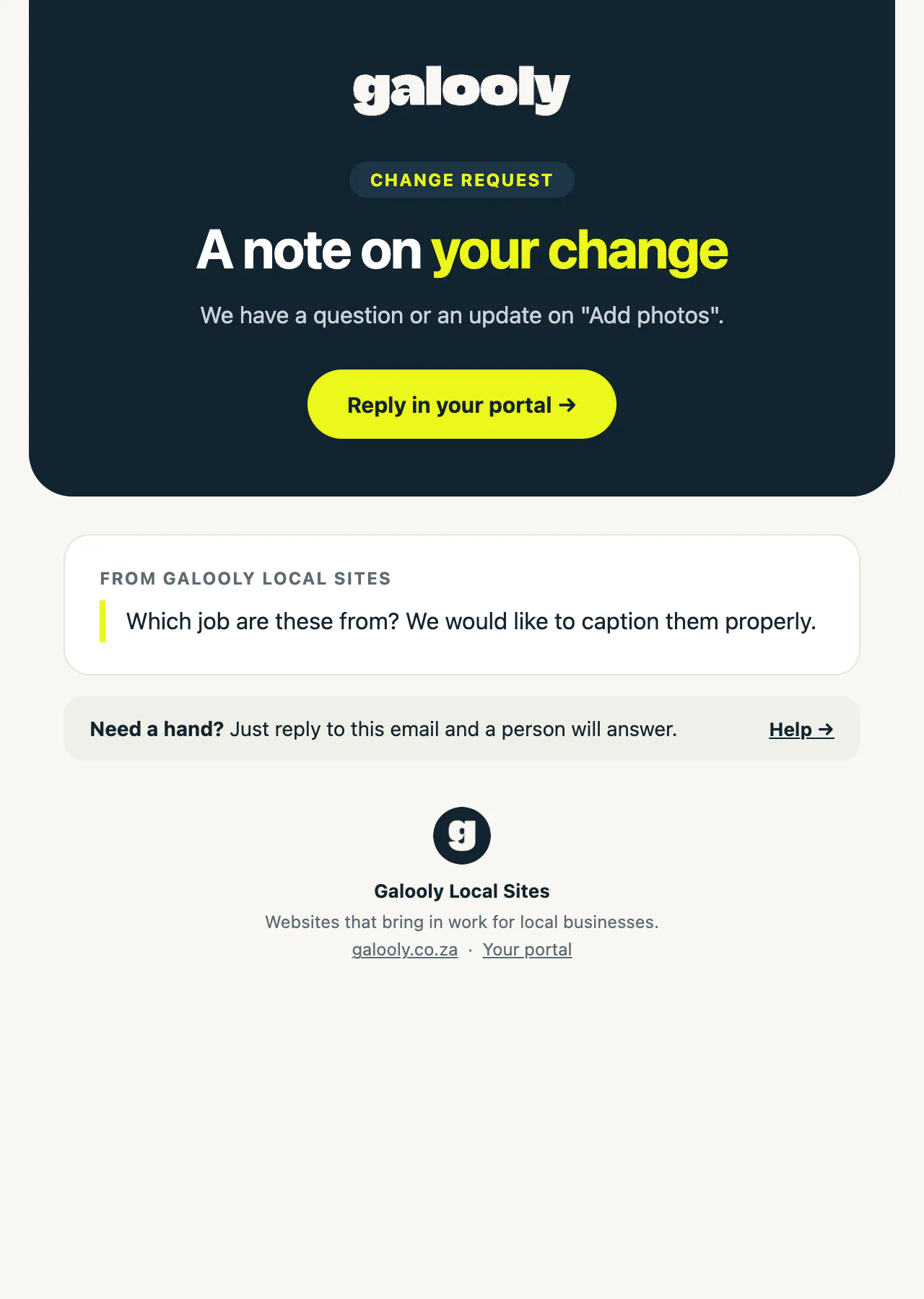 An email with a question about a change request