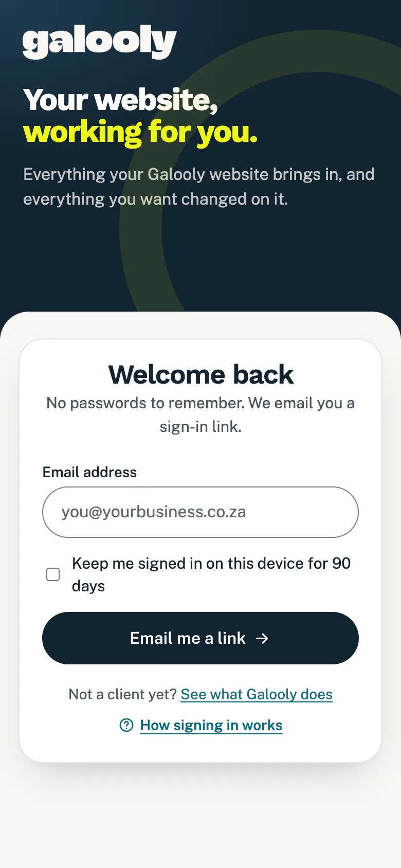 The sign-in page on a phone