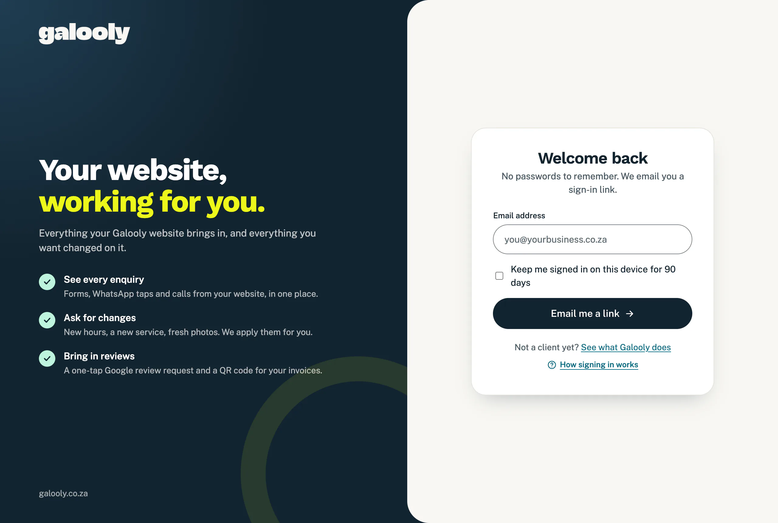 The sign-in page with an email address field and an Email me a link button