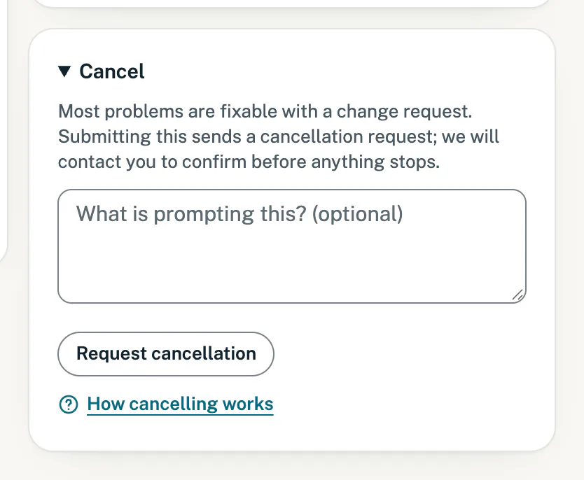 The Cancel box opened, with a reason box and a Request cancellation button