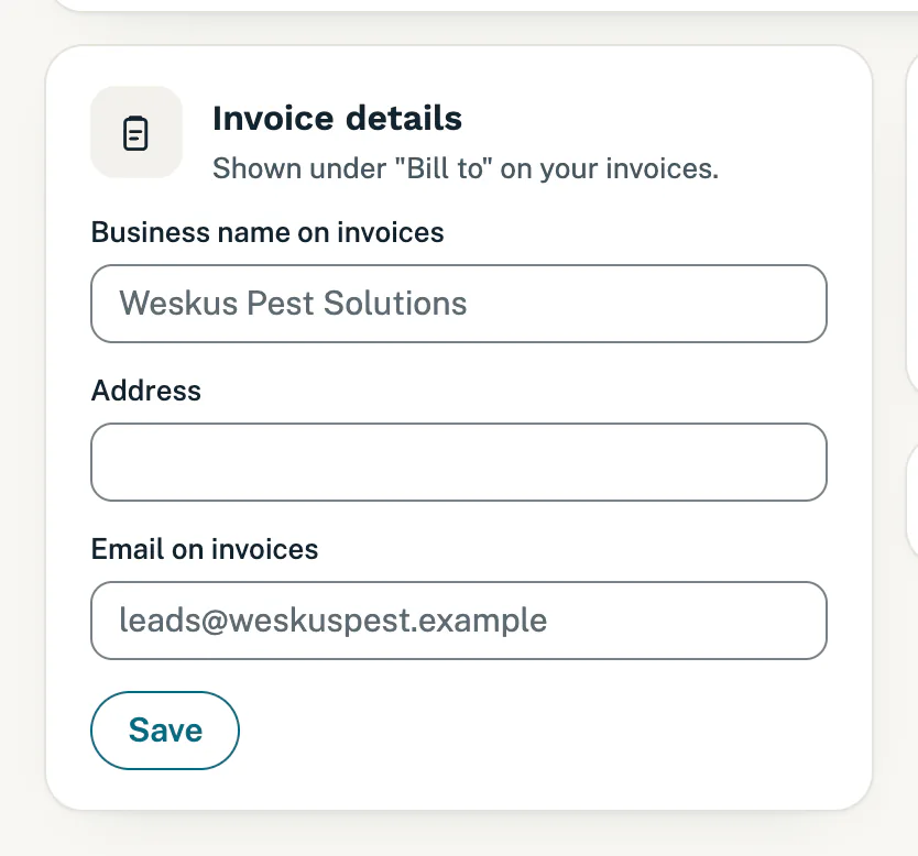 The Invoice details form with the business name, address and email on invoices