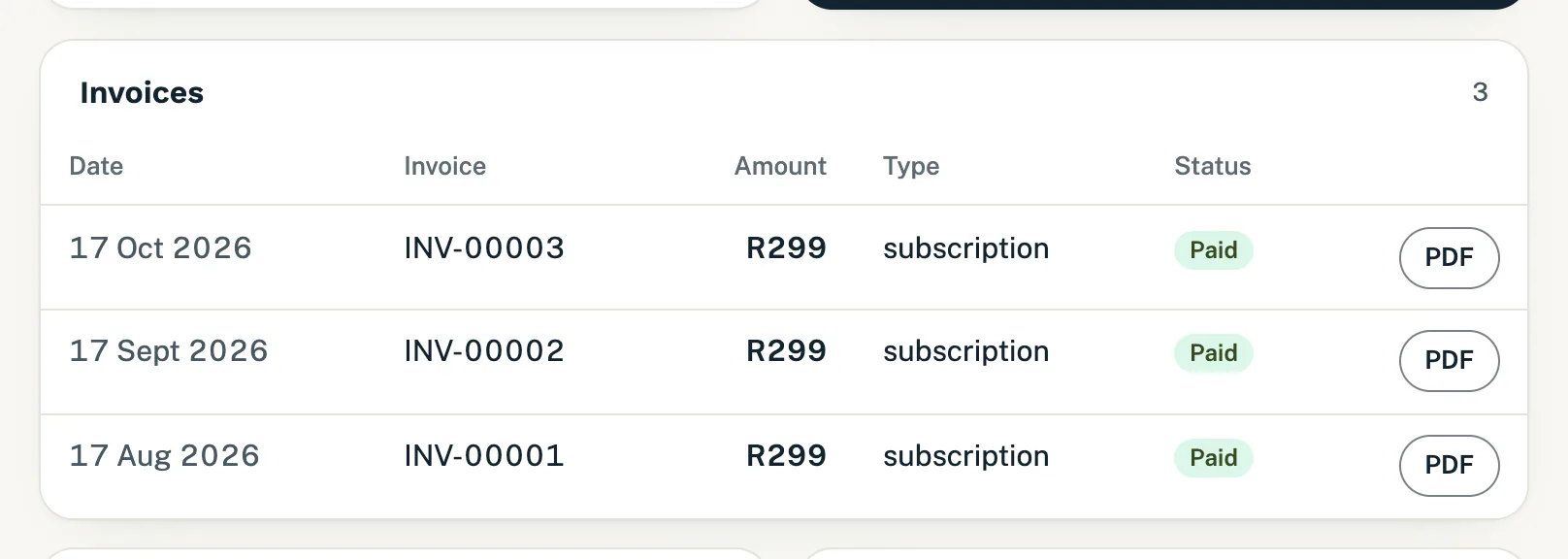 The Invoices list with dates, invoice numbers, amounts, status and PDF buttons