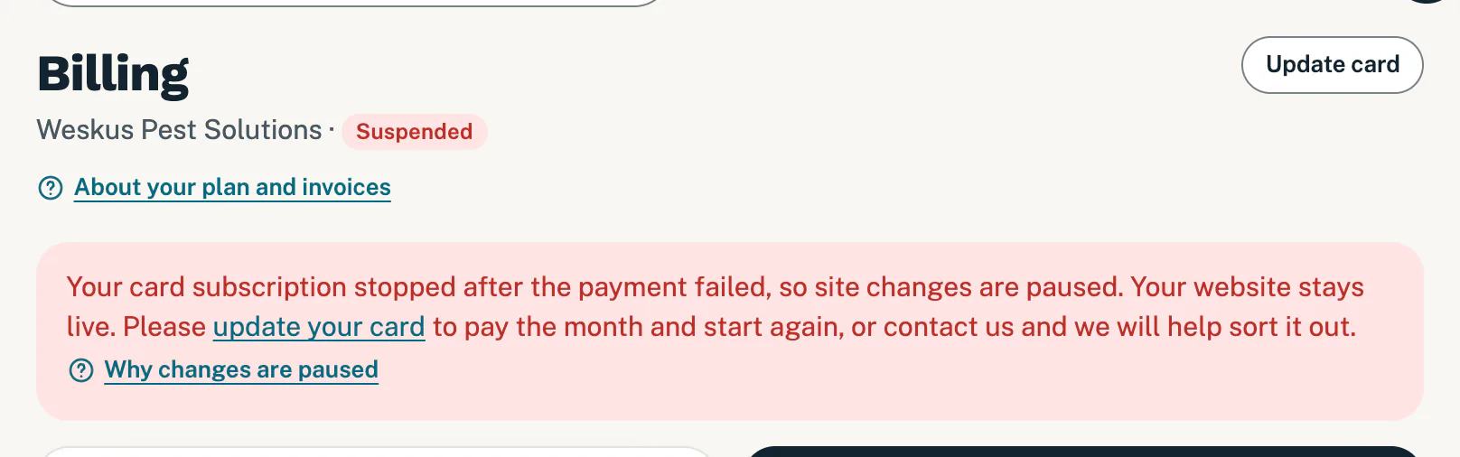 A red note saying the card subscription stopped and site changes are paused
