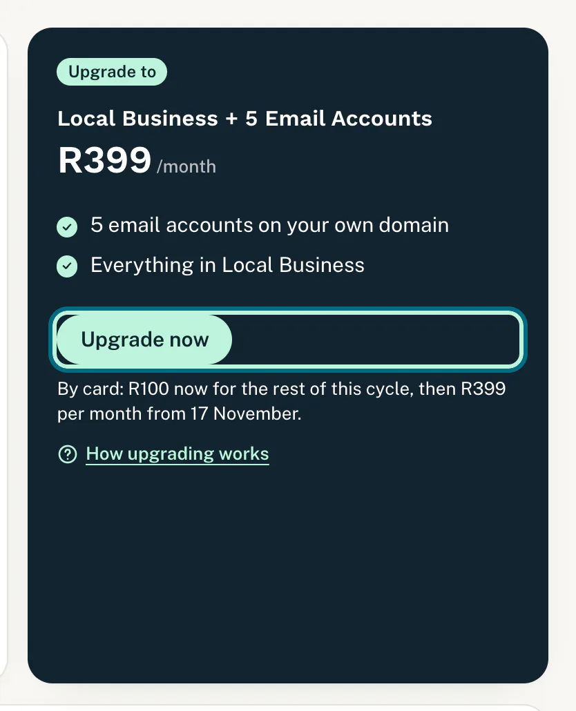 The Upgrade to card with the plan with email accounts and an Upgrade now button