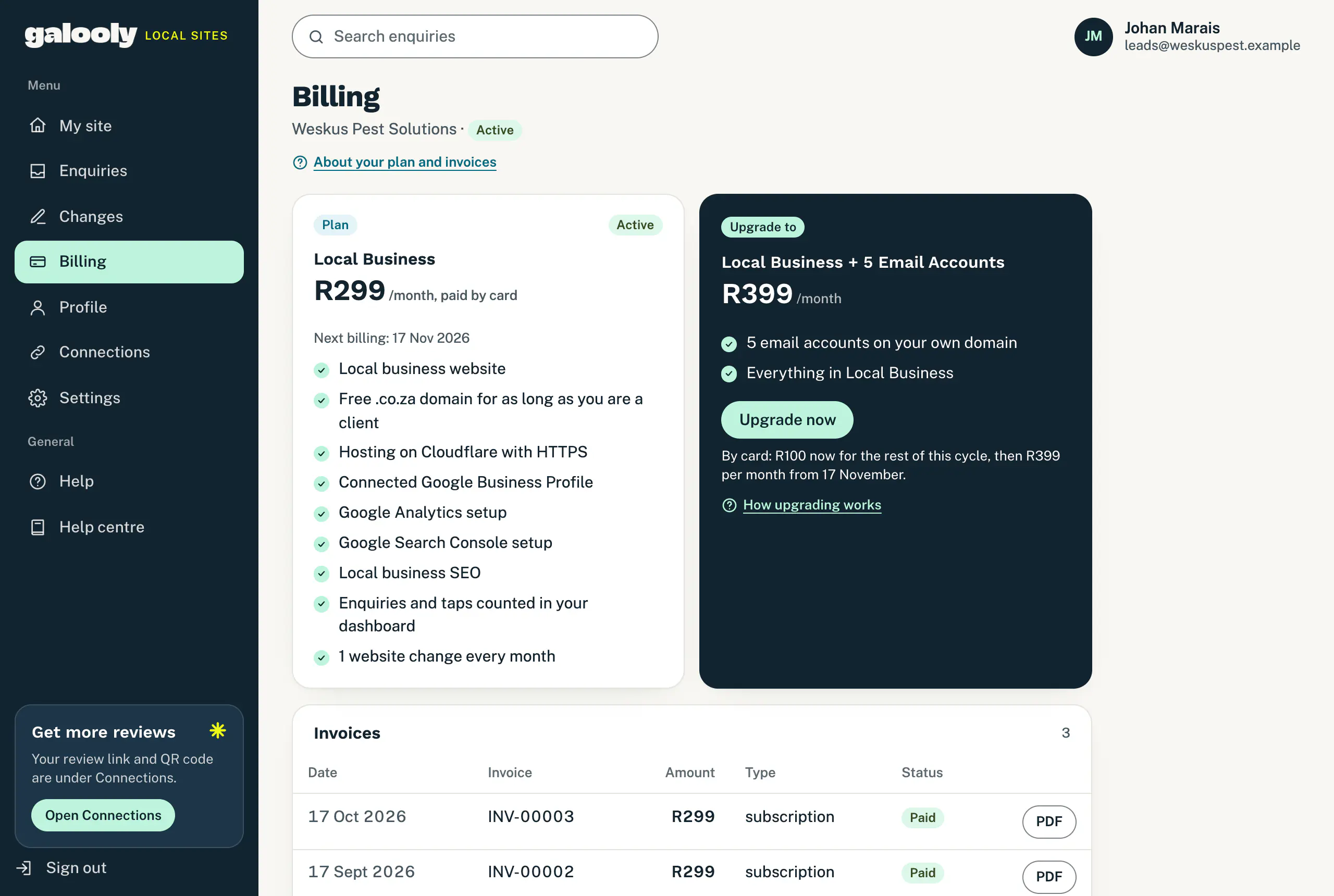 The Billing page with the plan, its price, the next billing date and the upgrade card