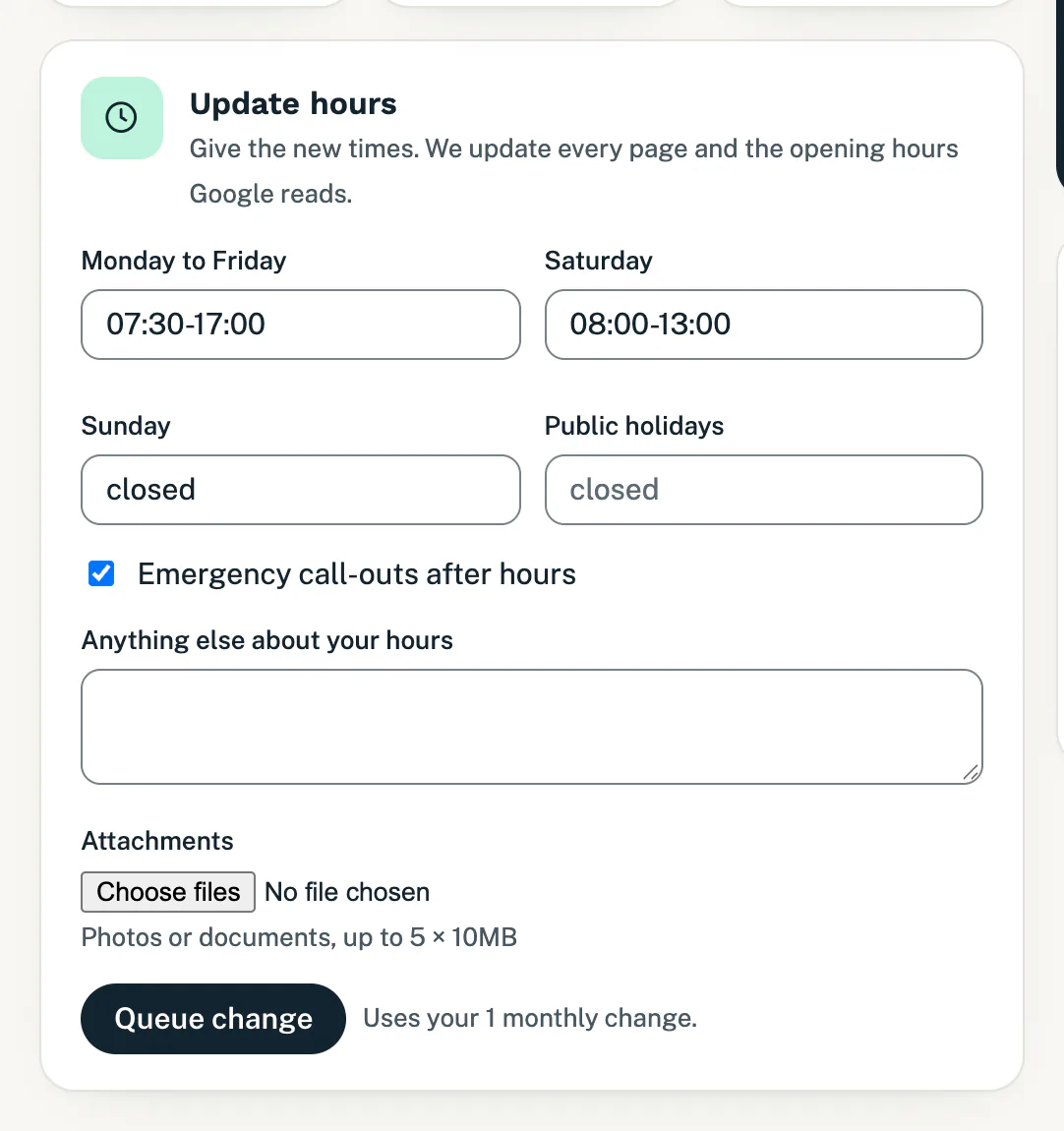 The Update hours form with a field for each day, the after-hours box and a Queue change button