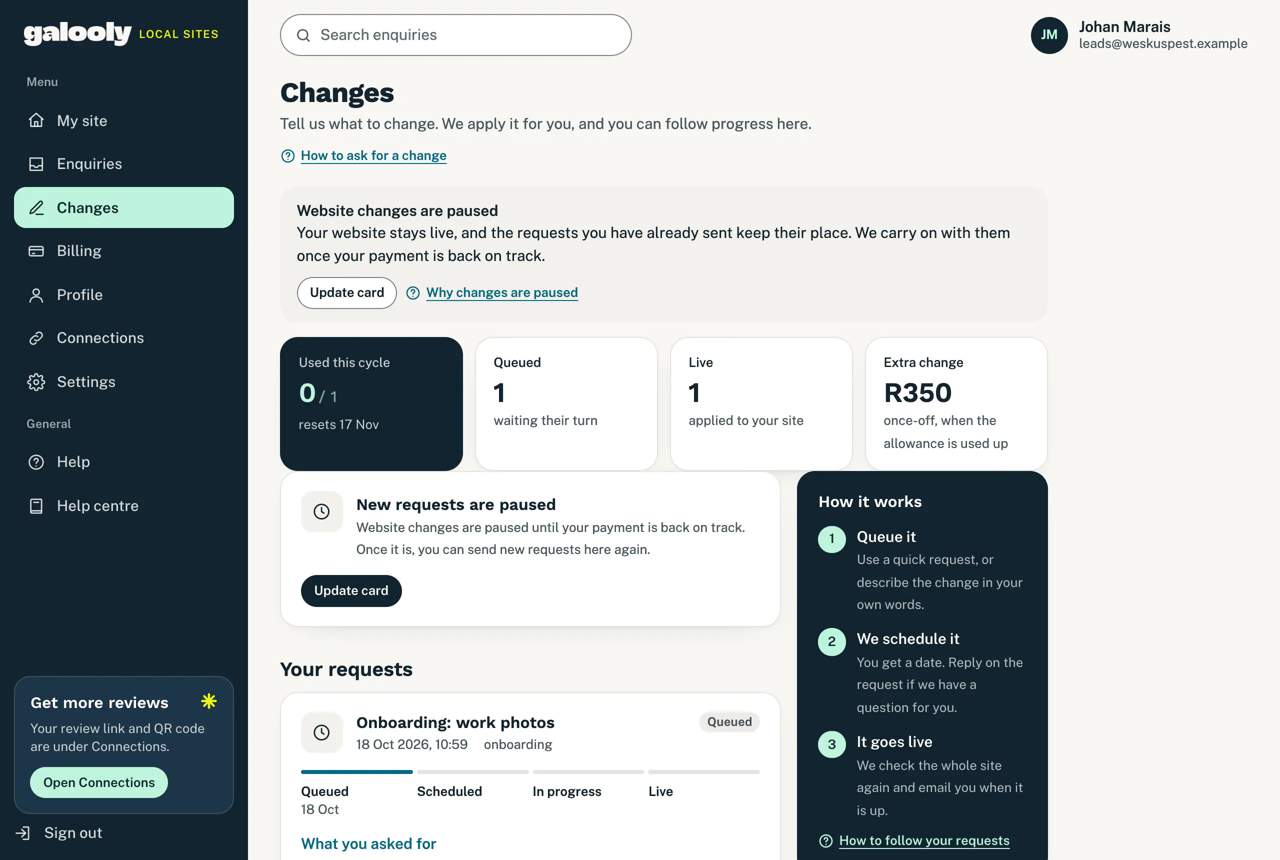 A note saying website changes are paused, with an Update card button