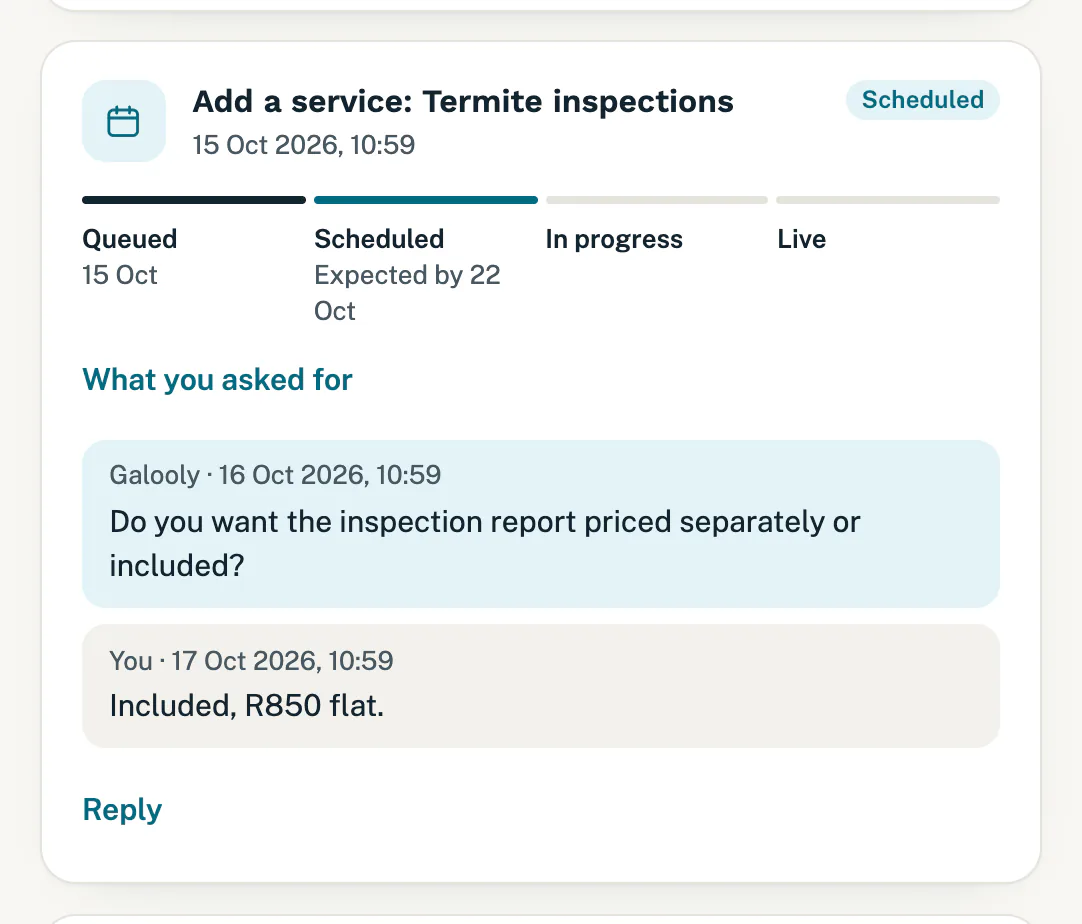 A change request with its progress from Queued to Live and a question and answer underneath