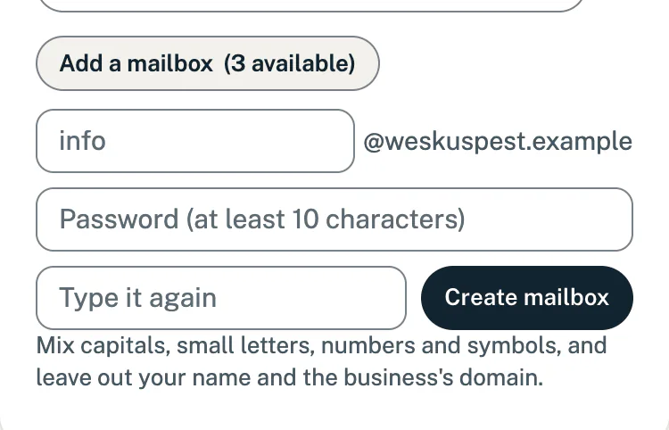 The Add a mailbox form with the address, the password and a Create mailbox button