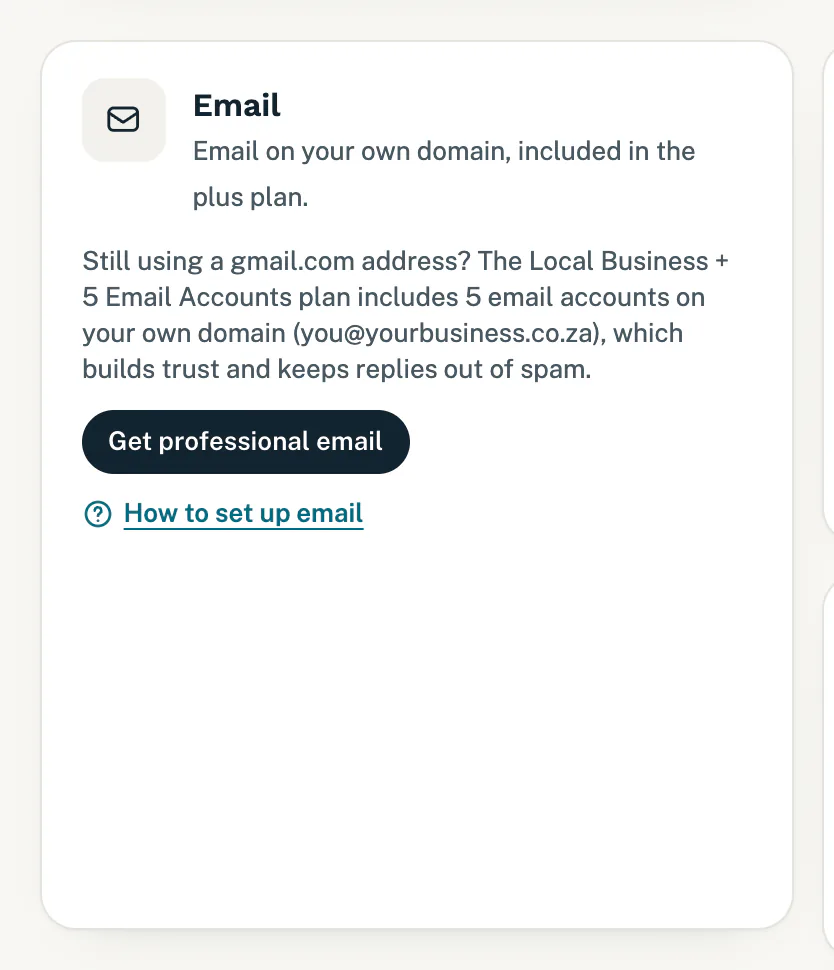 The Email card for a plan without email, with a Get professional email button