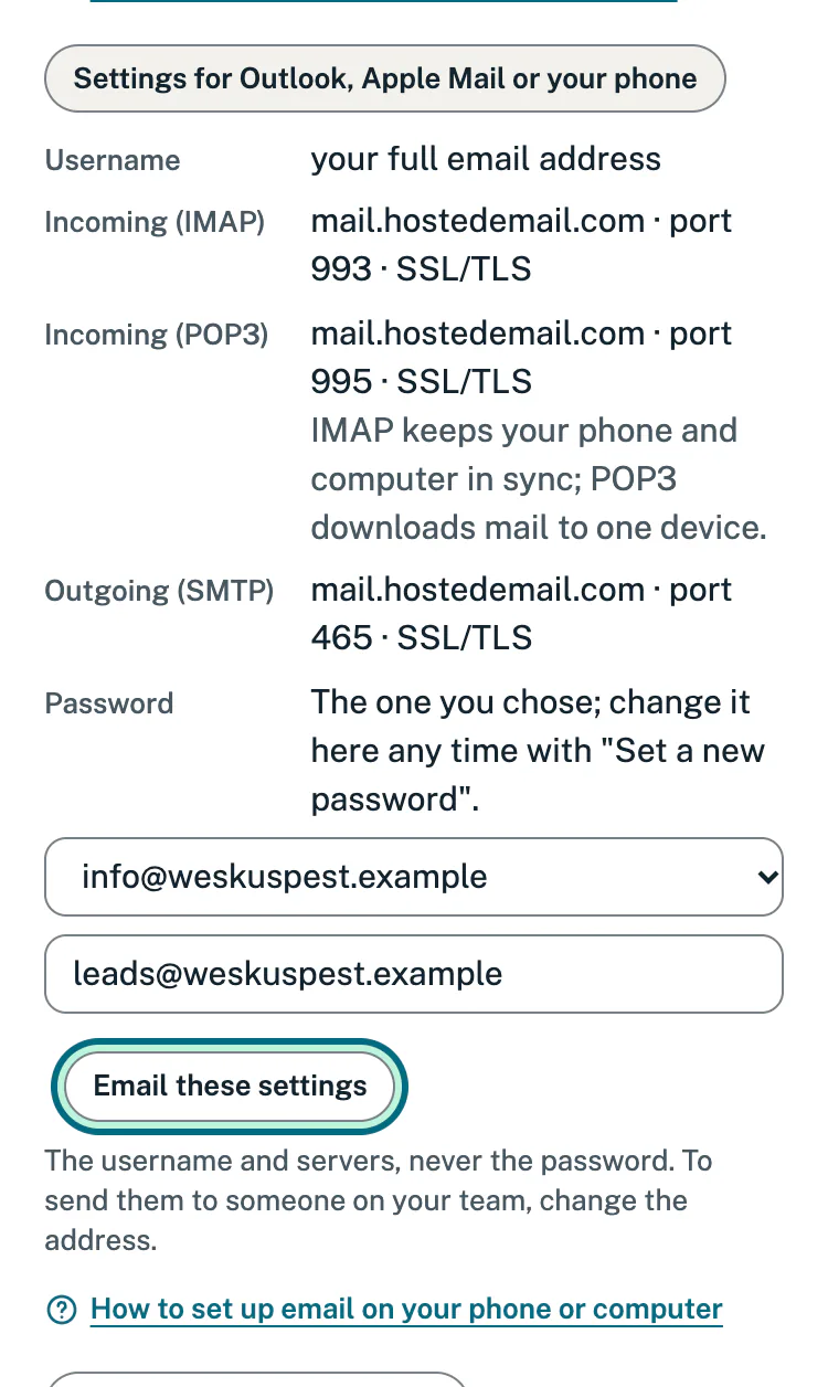 The settings for Outlook, Apple Mail or a phone, with an Email these settings button