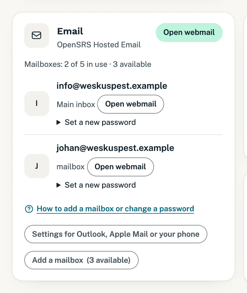 The Email card with the mailboxes in use and an Open webmail button