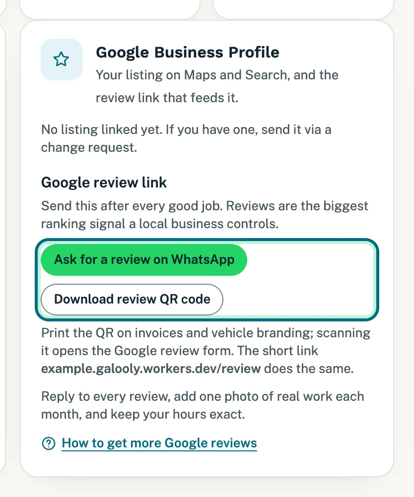 The Google Business Profile card with Ask for a review on WhatsApp and Download review QR code buttons