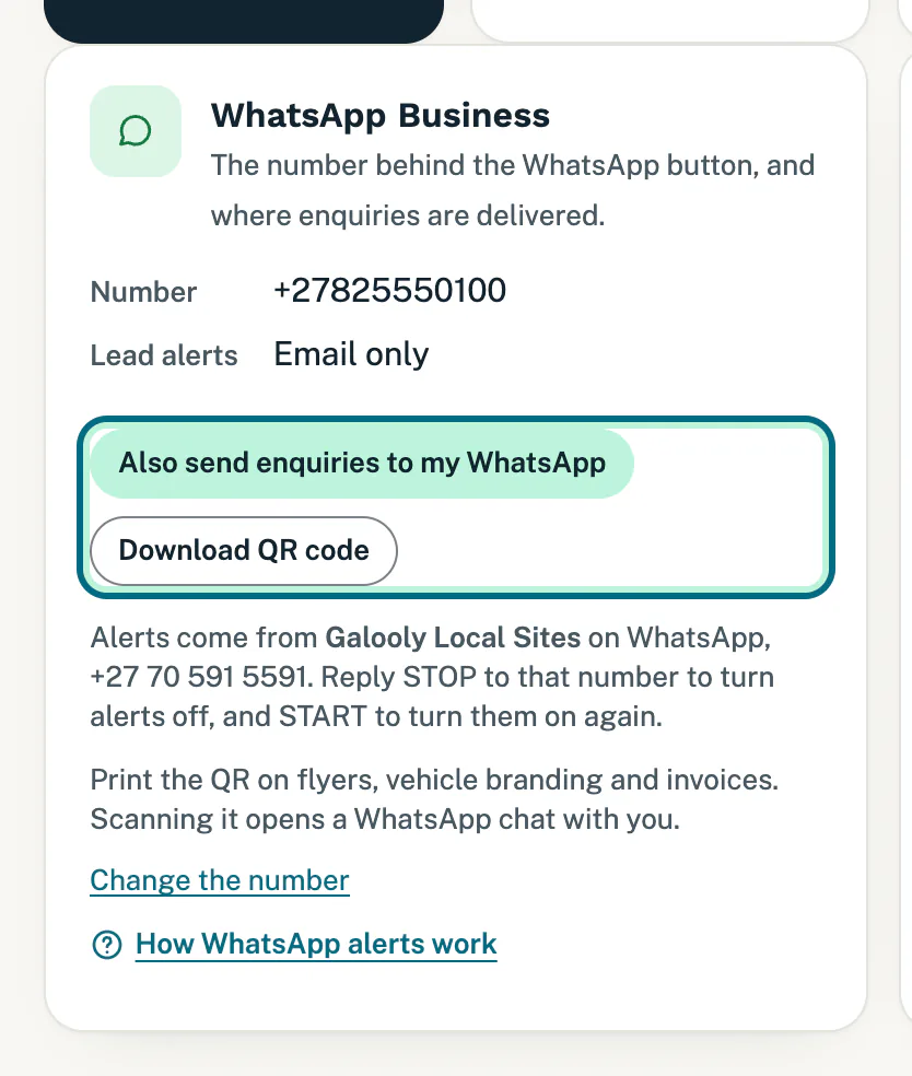 The WhatsApp Business card with the number, lead alerts and a Download QR code button