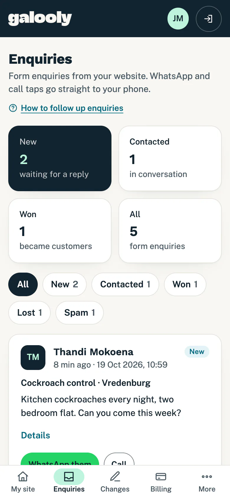 The Enquiries page on a phone