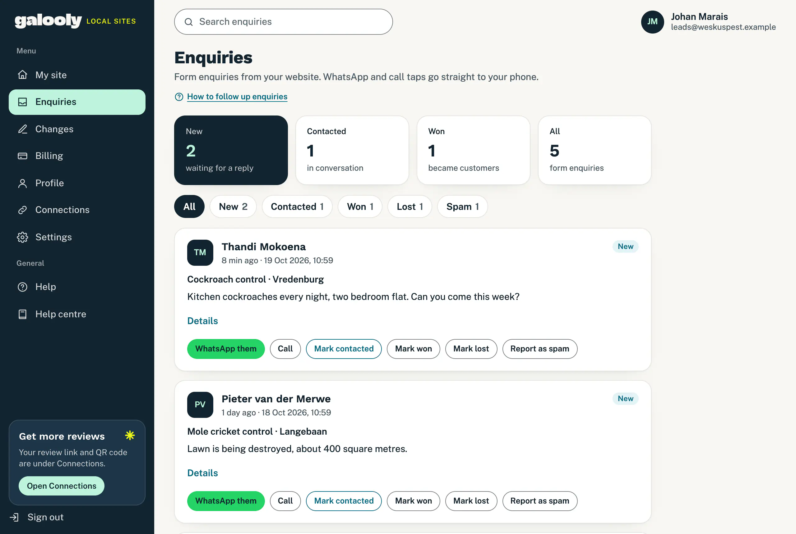 The Enquiries page with counts for new, contacted and won enquiries, filters and a list of enquiries