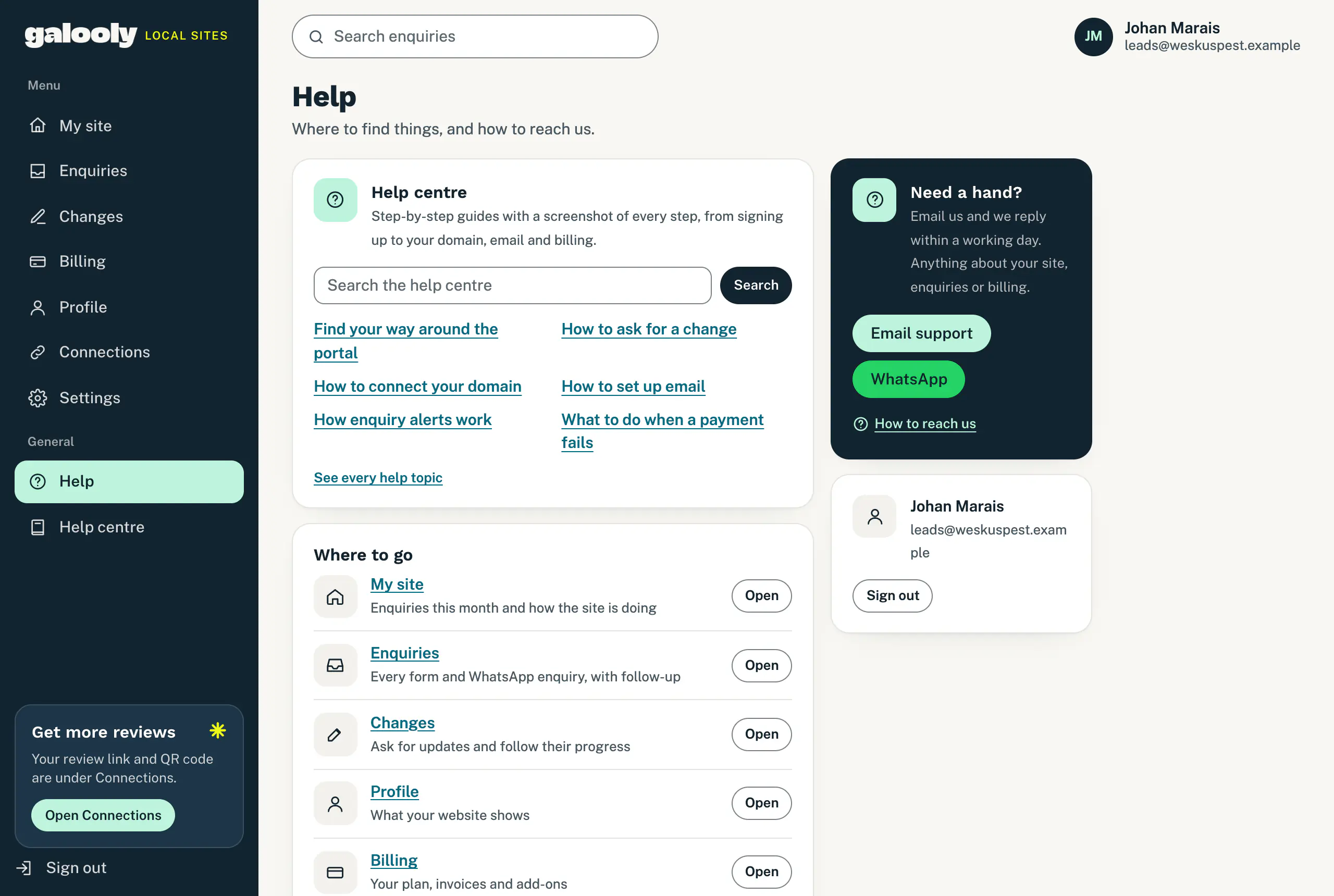 The Help page in the portal with Where to go, Common questions and Need a hand
