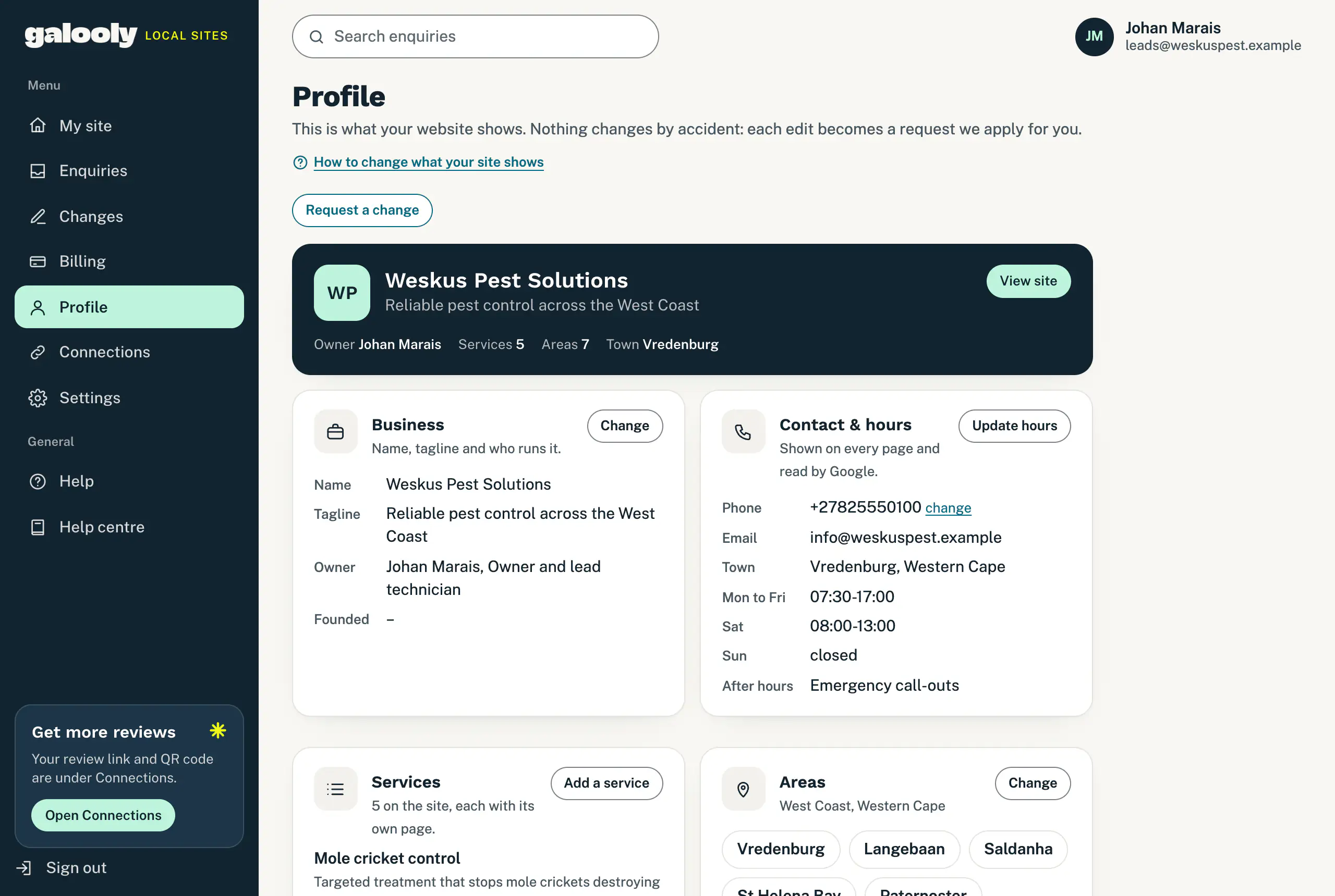 The Profile page showing the business details, contact details and hours, services and areas