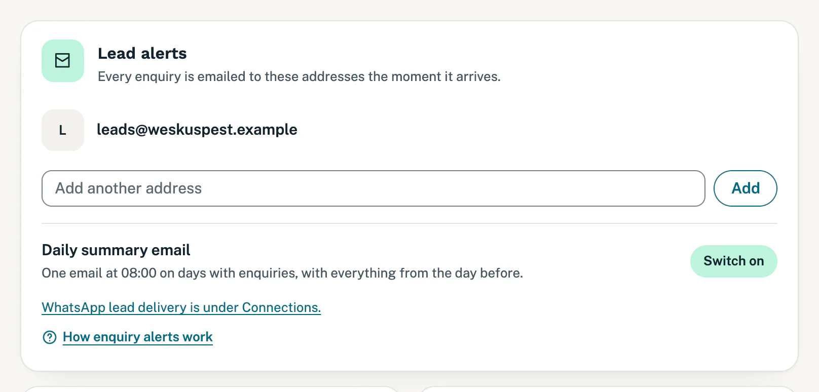 The Lead alerts card with the email addresses that get enquiries and the daily summary switch