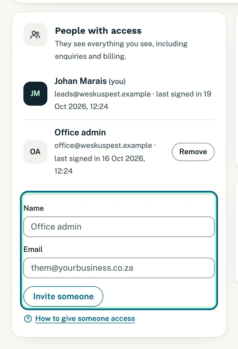 The People with access card with the people on the account and the invite form