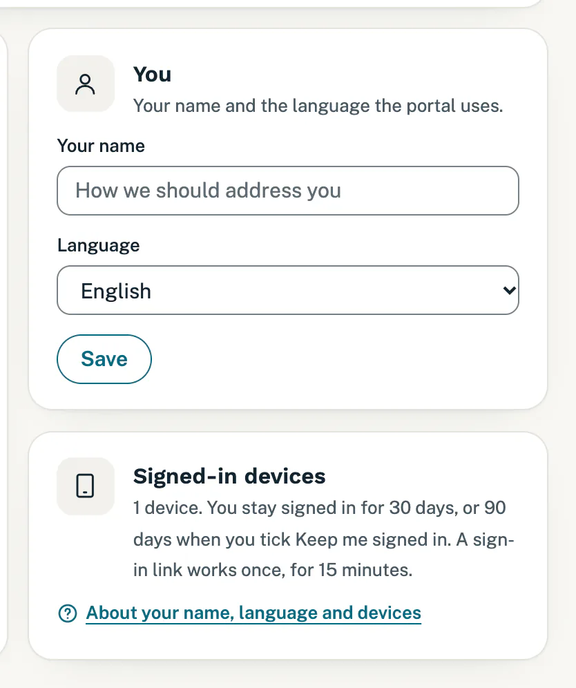 The You card with your name and language, and the Signed-in devices card