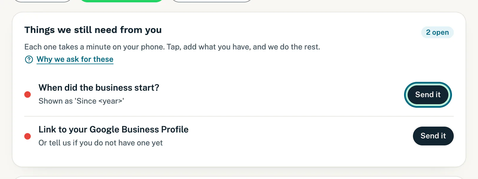 The Things we still need from you list, each item with a Send it button