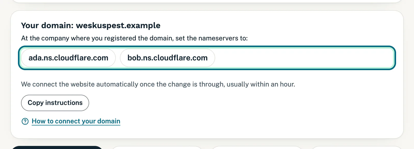 The domain card on My site with two nameservers and a Copy instructions button