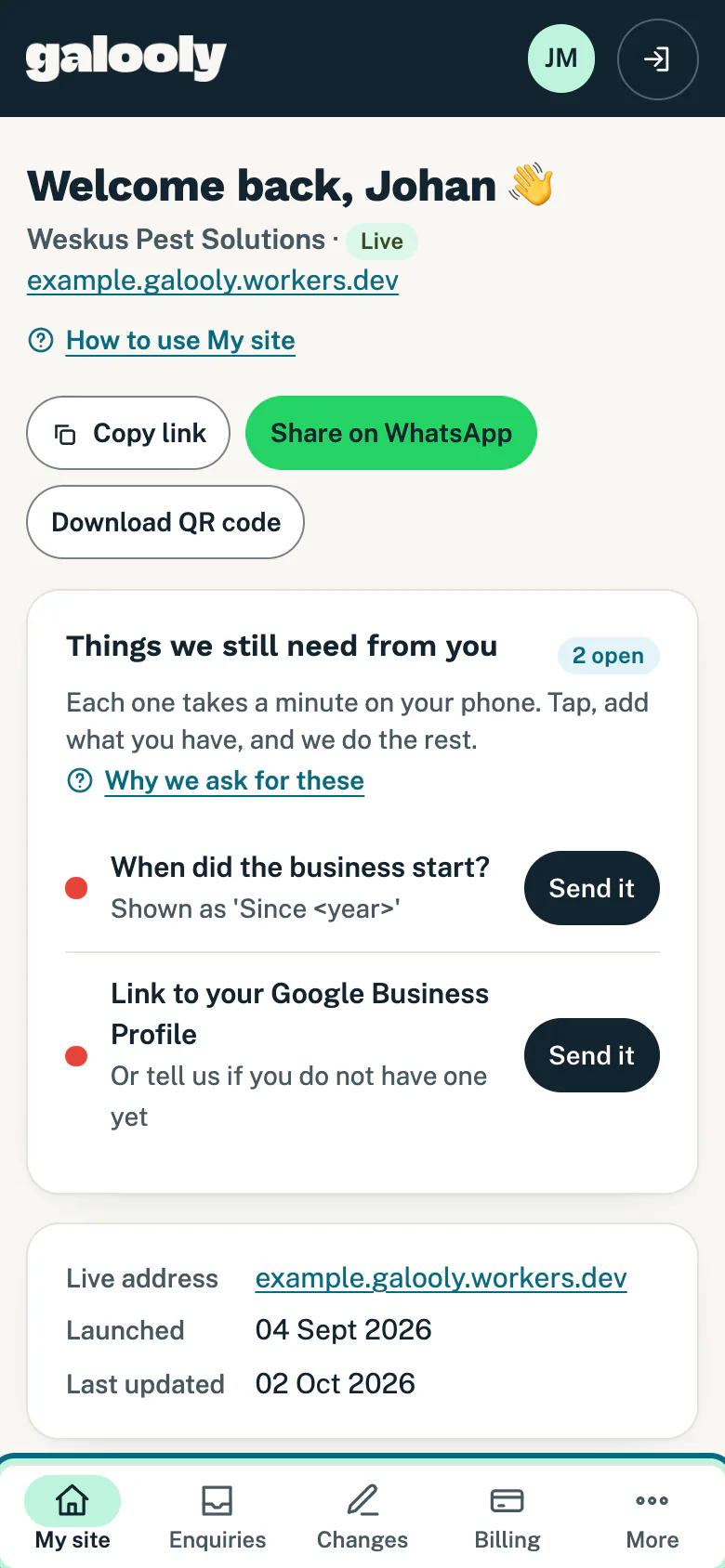 The My site page on a phone, with the menu bar at the bottom of the screen