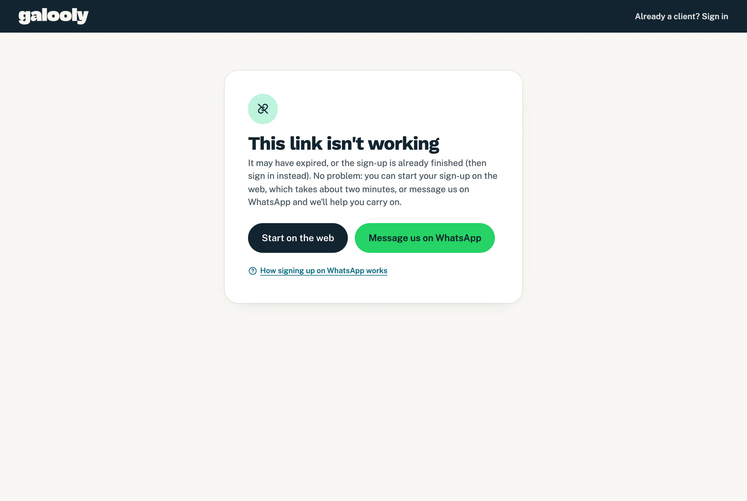 A page saying This link isn't working, with buttons to start on the web or message us on WhatsApp