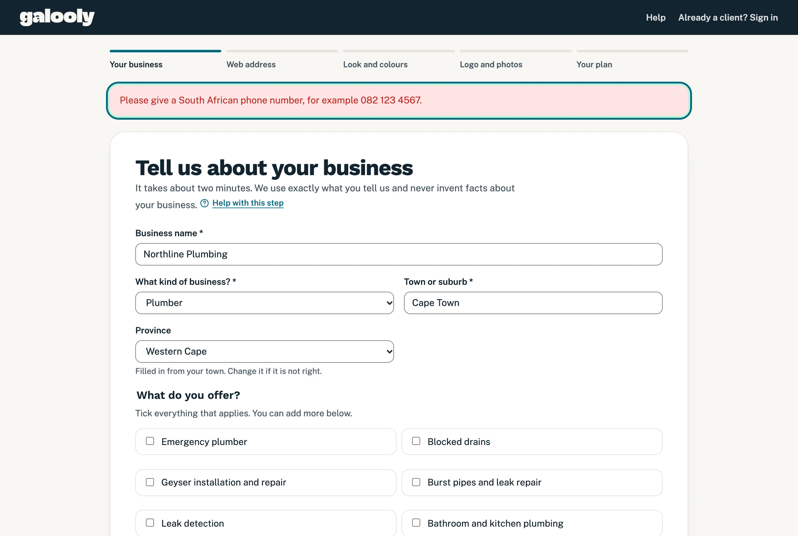 Sign-up step 1 with a red message asking for a South African phone number