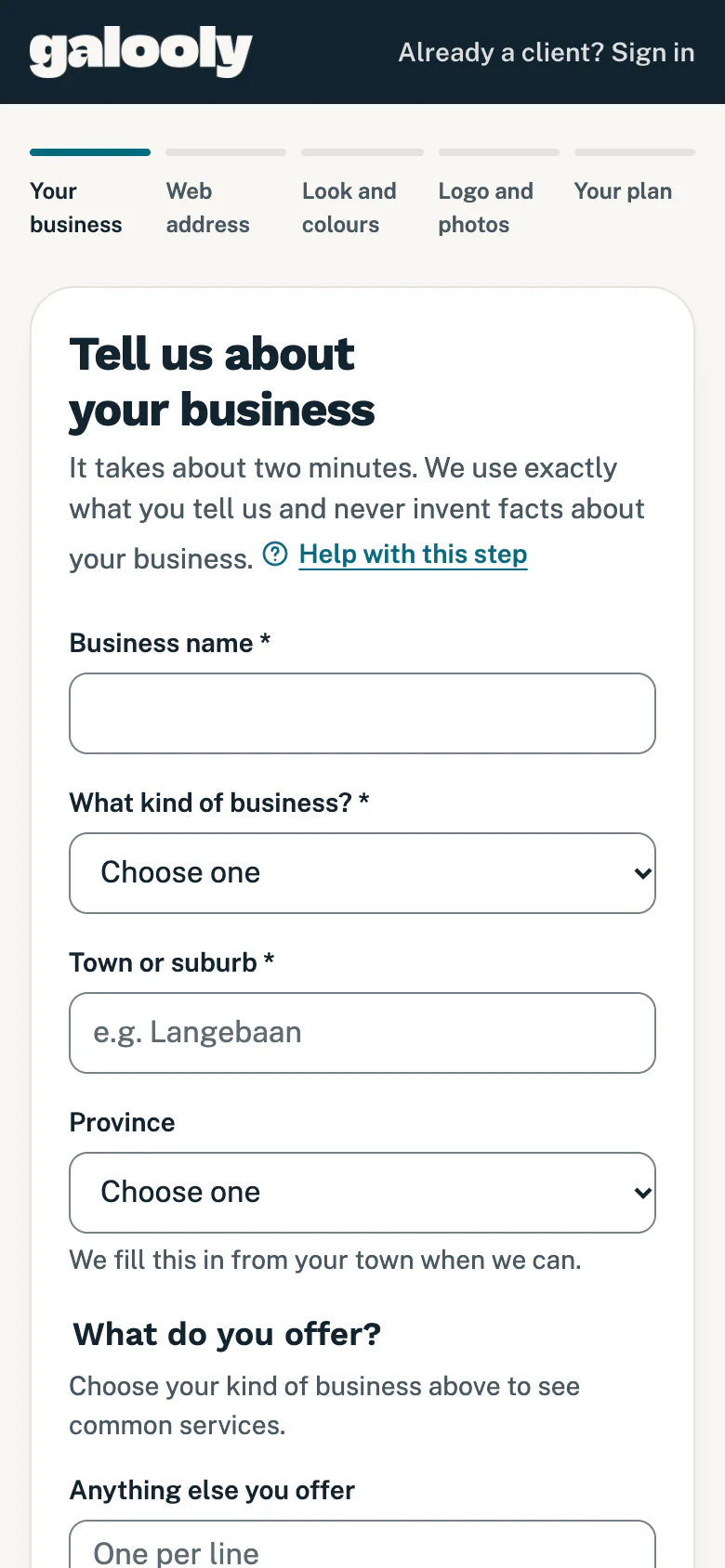 Sign-up step 1 on a phone, with the five steps listed at the top