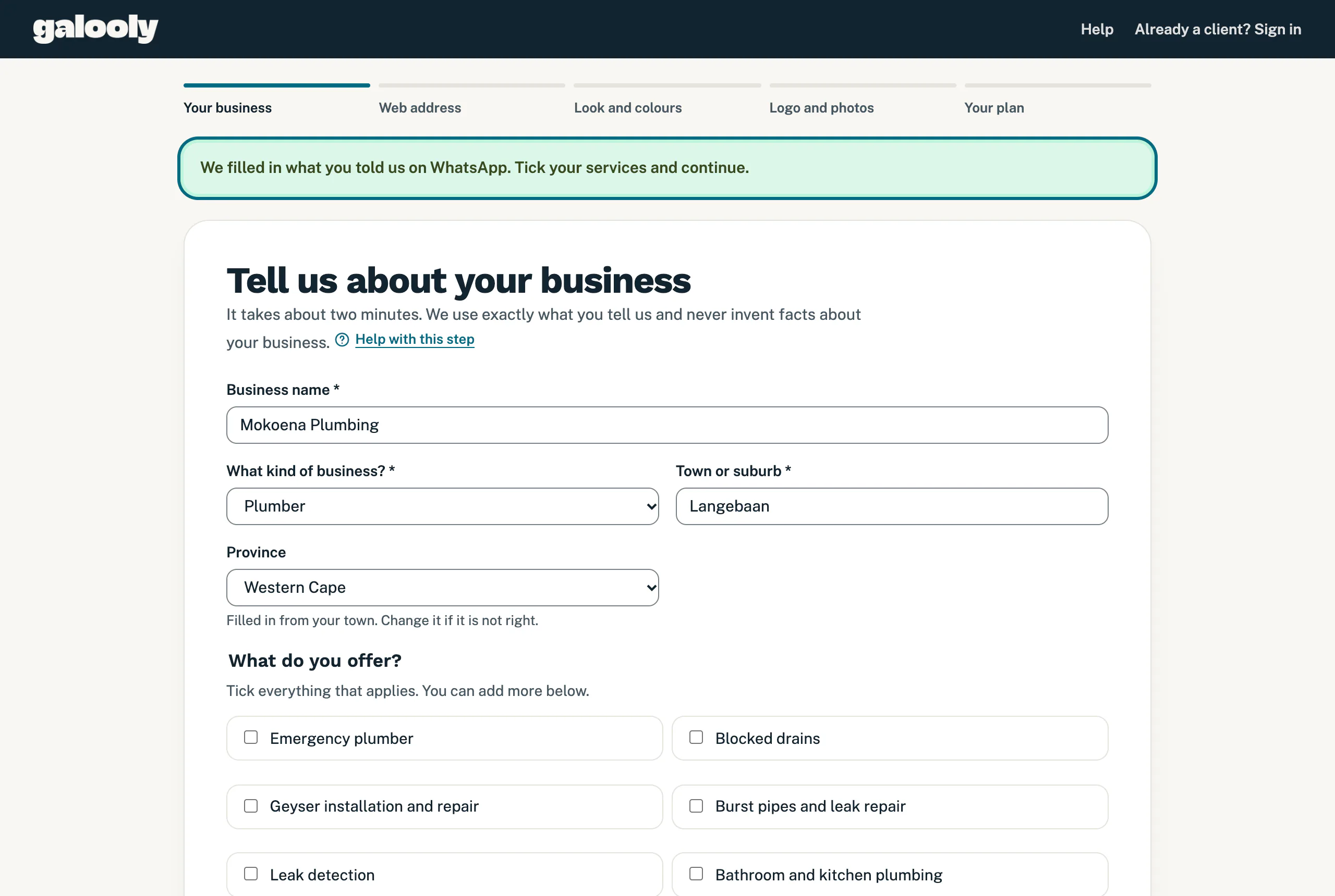 Sign-up step 1 with a green note saying the details from WhatsApp are filled in