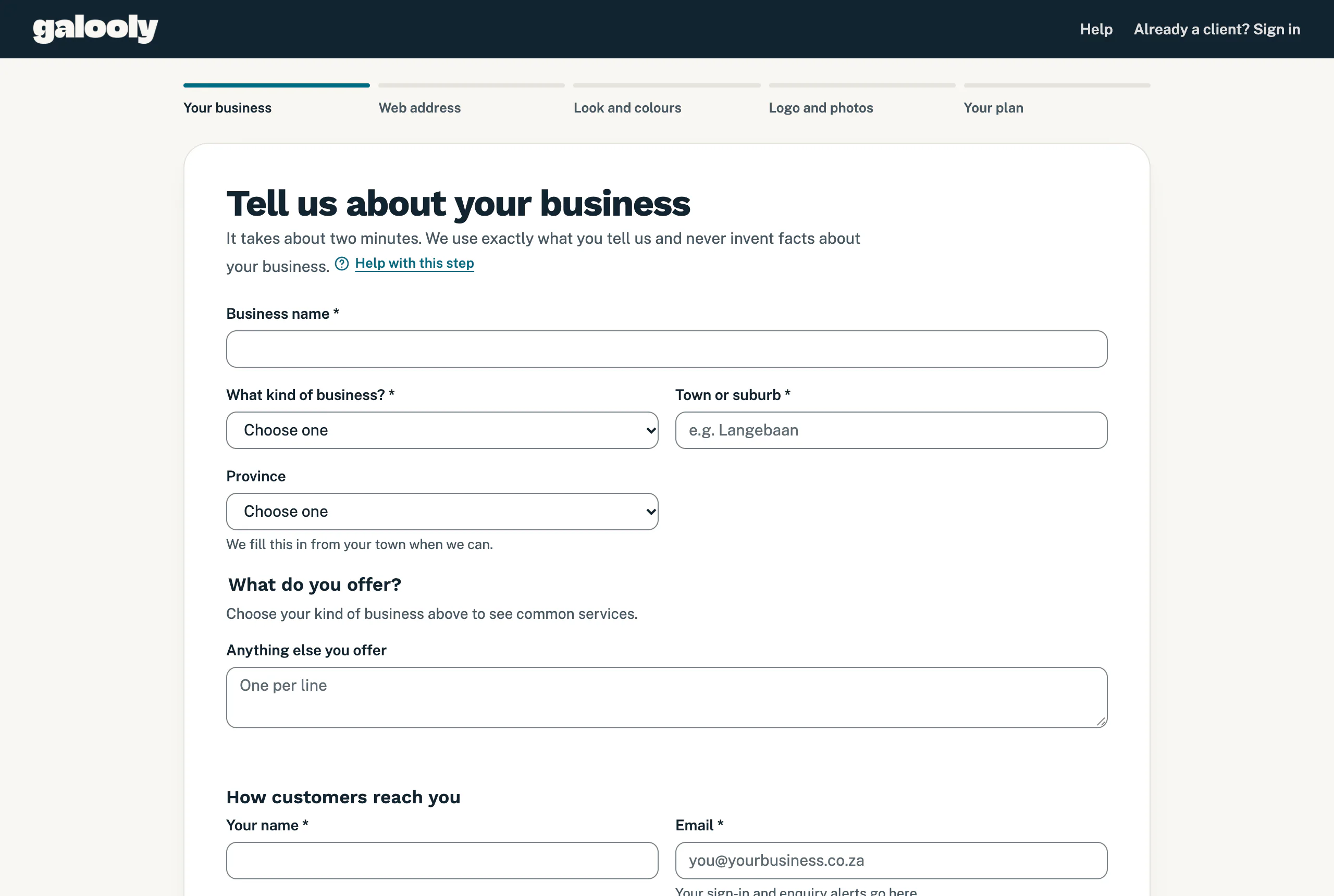 Sign-up step 1, Tell us about your business, with the business name, kind of business, town and province fields